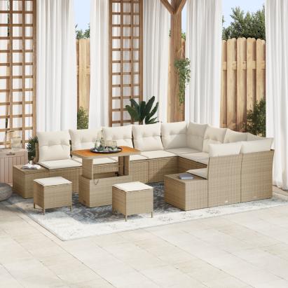 Set de Canapea de Grădină 12 Piese cu Perne Bej Rattan Polietilenic Acacia,  Set de Masă de Grădină 3 Piese cu Perne Bej Rattan Polietilenic Acacia,  Canapea de Grădină cu 2 Locuri și Perne Bej Rattan Polietilenic GartenMobel Dekor