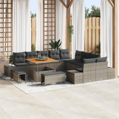 Set de Sofa pentru Grădină  din 13 Piese cu Perne Gri Poli Ratan Acacia, Sofa de Grădină  cu 2 Locuri și Perne Gri Poli Ratan, Set de Dining pentru Grădină  din 3 Piese cu Perne Gri Poli Ratan Acacia GartenMobel Dekor