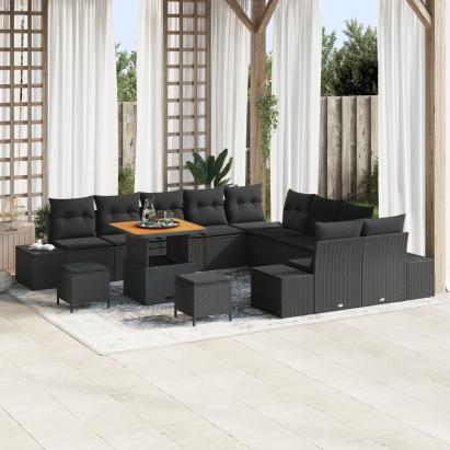 Set de sofa de grădină  cu 13 piese și perne Negru Poliratan Acacia, Sofa de grădină  cu 2 locuri și perne Negru Poliratan, Set de cină de grădină  cu 3 piese și perne Negru Poliratan Acacia GartenMobel Dekor