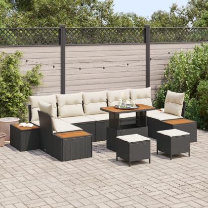 Set de Canapea de Grădină  cu 10 Piese cu Perne Negru din Ratan Poli și Acacia, Set de Dining de Grădină  cu 3 Piese cu Perne Negru din Ratan Poli și Acacia GartenMobel Dekor