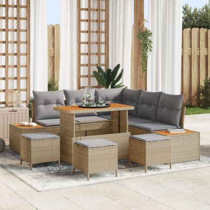 Set de sofa de grădină  cu 8 piese și perne Bej Ratan Poliuretanic Acacia, Set de dining de grădină  cu 3 piese și perne Bej Ratan Poliuretanic Acacia GartenMobel Dekor