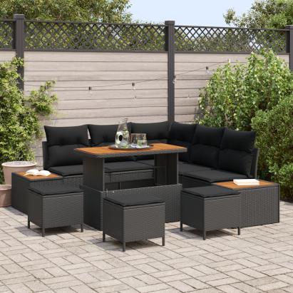 Set canapele grădină  9 piese cu perne Negru Ratan Poliuretan Acacia, Set dining grădină  4 piese cu perne Negru Ratan Poliuretan Acacia GartenMobel Dekor