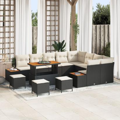 Set de Canapea Modular cu 12 Piese cu Perne din Poliratan Negru, Set de Dining cu 3 Piese pentru Grădină cu Perne din Poliratan Negru GartenMobel Dekor