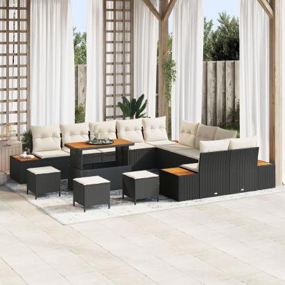 Set de canapea de grădină  13 piese cu perne Negru Poliratan Acacia, Set de dining de grădină  3 piese cu perne Negru Poliratan Acacia GartenMobel Dekor
