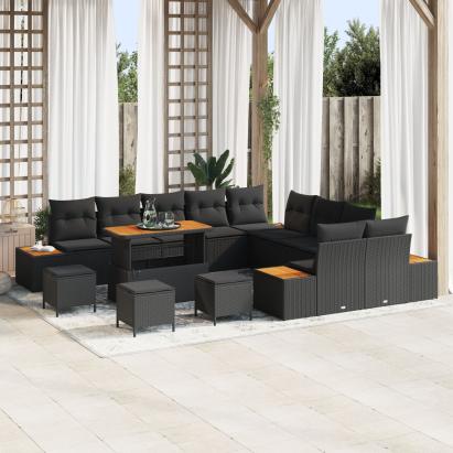 Set de 13 Piese Canapea pentru Grădină cu Perne Negru Ratan Polimeric Acacia, Set de 3 Piese Mobilă de Grădină cu Perne Negru Ratan Polimeric Acacia GartenMobel Dekor