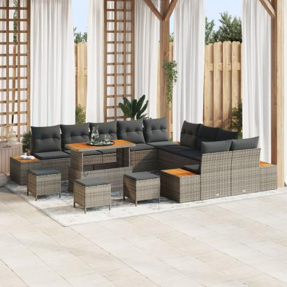 Set de Sofa de Grădină 14 Piese cu Perne Gri Poliratan Acacia, Set de Cină de Grădină 4 Piese cu Perne Gri Poliratan Acacia GartenMobel Dekor