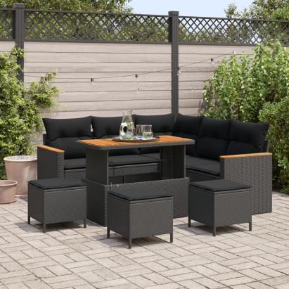 Set de canapea de grădină  cu 8 piese cu perne Negre din rattan poliester Acacia, Set de dining de grădină  cu 3 piese cu perne Negre din rattan poliester Acacia GartenMobel Dekor