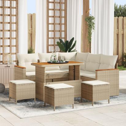 Set de 8 Piese Sofa pentru Grădină cu Perne Bej Poliratan Acacia, Set de 3 Piese Masa pentru Grădină cu Perne Bej Poliratan Acacia GartenMobel Dekor