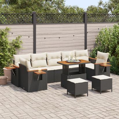 Set de 10 Piese de Canapea pentru Grădină cu Perni Negru Poliratan Acacia, Set de Dining de 3 Piese pentru Grădină cu Perni Negru Poliratan Acacia GartenMobel Dekor