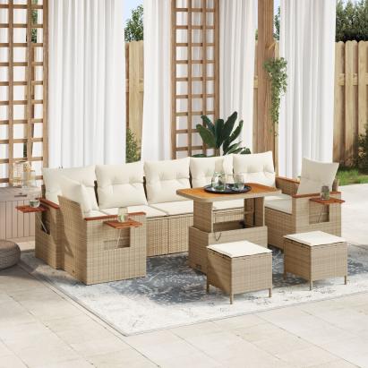 Set de sofa pentru grădină  cu 10 piese cu perne Bej Ratan Poliratan Acacia, Set de dining pentru grădină  cu 3 piese cu perne Bej Ratan Poliratan Acacia GartenMobel Dekor