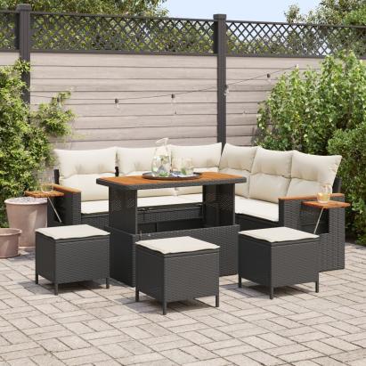 Set canapea grădină  8 piese cu perne Negru Ratan Poli Acacia, Set dining grădină  3 piese cu perne Negru Ratan Poli Acacia GartenMobel Dekor