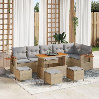 Set de Sofa pentru Grădină cu 9 Piese și Perne Bej Poliratan Acacia, Set de Dining pentru Grădină cu 3 Piese și Perne Bej Poliratan Acacia GartenMobel Dekor