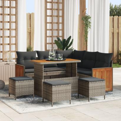 Set canapea de grădină  cu 8 piese și perne gri din rattan PE acacia, Canapea de grădină  cu 2 locuri și perne gri din rattan PE, Set dining pentru grădină  cu 3 piese și perne gri din rattan PE GartenMobel Dekor