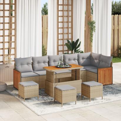 Set canapea grădină  9 piese cu perne Bej Ratan Acacia, Canapea grădină  2 locuri cu perne Bej Ratan, Set dining grădină  3 piese cu perne Bej Ratan Acacia GartenMobel Dekor