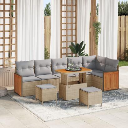 Set de canapele de grădină  cu 9 piese cu perne Bej Poliratan Acacia, Sofa de grădină  cu 2 locuri cu perne Bej Poliratan, Set de dining de grădină  cu 3 piese cu perne Bej Poliratan Acacia GartenMobel Dekor