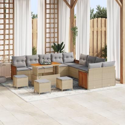 Set de Sofa Grădină 13 Piese cu Perne Bej Ratan Acacia,  Sofa Grădină 2 Locuri cu Perne Bej Ratan,  Set Dining Grădină 3 Piese cu Perne Bej Ratan Acacia GartenMobel Dekor