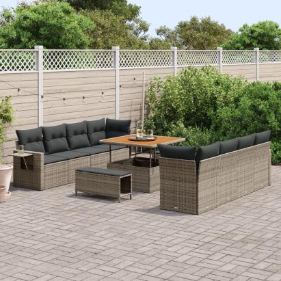 Set Canapea Grădină  11 Piese cu Perne Gri Ratan Polimeric Acacia, Set Dining Grădină  3 Piese cu Perne Gri Ratan Polimeric Acacia GartenMobel Dekor