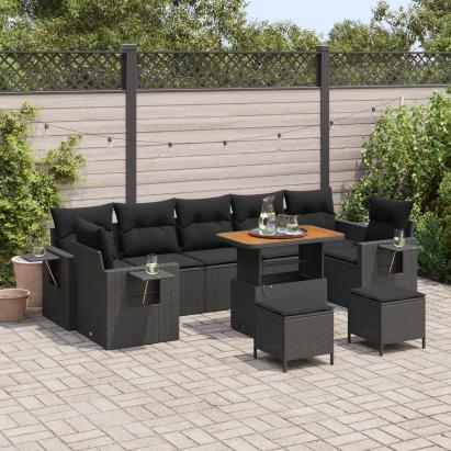 Set de soferă de grădină  cu 10 piese cu perne negre din ratan polimer acacia, Set de dining de grădină  cu 3 piese cu perne negre din ratan polimer acacia GartenMobel Dekor
