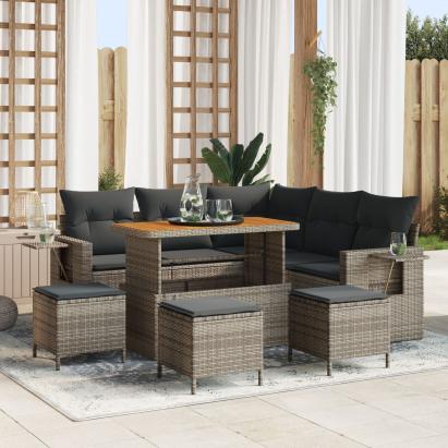 Set canapea de grădină  în 8 piese cu perne gri Poli Ratan Acacia, Set de dining de grădină  în 3 piese cu perne gri Poli Ratan Acacia GartenMobel Dekor