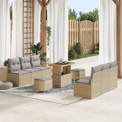 Set de Sofa de Grădină  9 Piese cu Perne Bej Rattan Poli Acacia, Sofa Grădină 2 Locuri  cu Depozitare & Perne Bej Rattan Poli, Set Grădină 3 Piese cu Perne Bej Rattan Poli Acacia GartenMobel Dekor