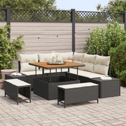 Set canapea grădină  8 piese cu perne Negru Poliratan Acacia, Canapea grădină cu depozitare și perne  2 locuri Negru Poliratan, Set dining grădină  3 piese cu perne Negru Poliratan Acacia GartenMobel Dekor
