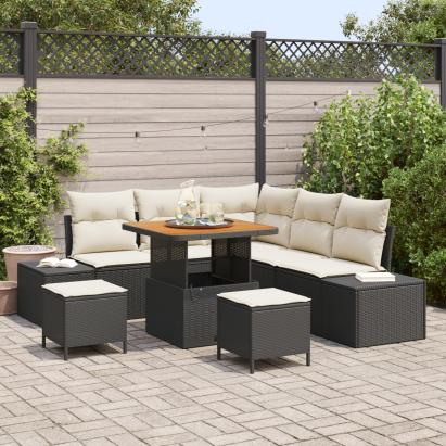 Set de sofa de grădină  cu 8 piese cu perne Negru Poliratan Acacia, Sofa de grădină cu 2 locuri  cu depozitare și perne Negru Poliratan, Set de dining de grădină cu 3 piese cu perne Negru Poliratan Acacia GartenMobel Dekor