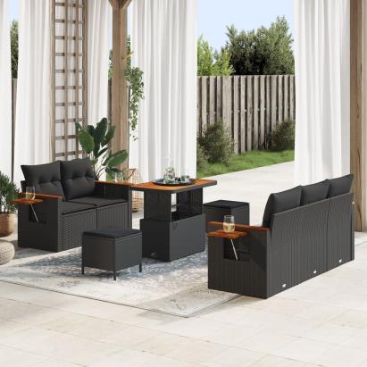 Set de Sofa de Grădină  cu 8 Piese cu Perne Negru Ratan Polivalente, Set de Dining de Grădină  cu 3 Piese cu Perne Negru Ratan Polivalente GartenMobel Dekor