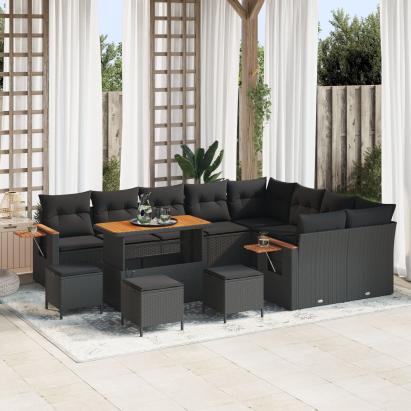 Set canapele grădină 12 piese cu perne Negru Poliratan Acacia, Set dining grădină 3 piese cu perne Negru Poliratan Acacia GartenMobel Dekor