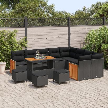 Set Canapea Grădină  cu 12 piese și perne Negru Ratan Acacia, Set dining Grădină  cu 3 piese și perne Negru Ratan Acacia GartenMobel Dekor