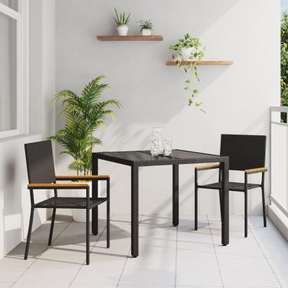 Set Mese Grădină  3 Piese Negru Poliratan, Scaune Grădină Stivuibile cu Pernă - Set de 2 Piese Negru Poliratan GartenMobel Dekor