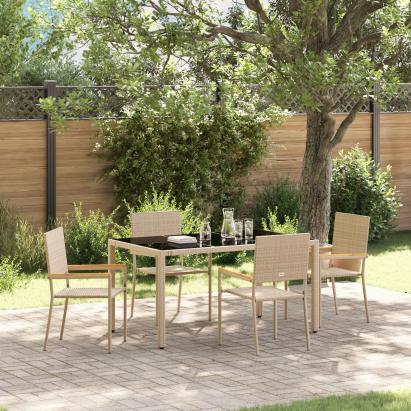 Set de dining pentru grădină  5 piese Bej Poliratan, Scaune de grădină stacking  cu perne 2 buc Bej Poliratan GartenMobel Dekor