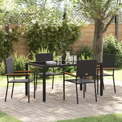 Set Dining Grădină  5 Piese Negru Poliratan, Scaune Grădină  Stivuibile cu Perne - Set 2 Piese Negru Poliratan GartenMobel Dekor