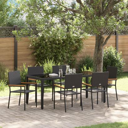 Set dining grădină 7 piese Negru Ratan sintetic, Scaune grădină  cu perne - Set 2 piese Ratan sintetic Negru GartenMobel Dekor