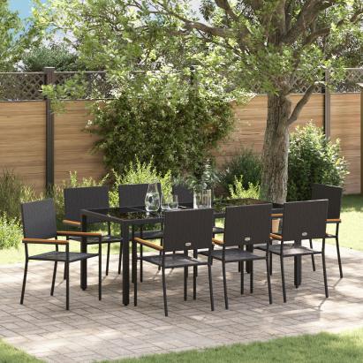 Set mese grădină  9 piese Negru Poliratan, Scaune grădină  cu perne - Set 2 piese Poliratan Negru GartenMobel Dekor