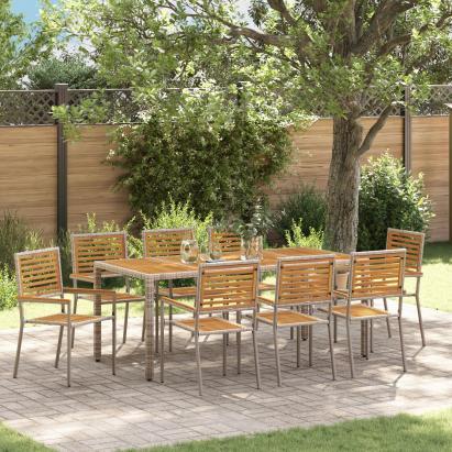 Set de Masă pentru Grădină  cu 9 Piese Gri Rattan Polimeric Acacia, Scaune Stivuibile pentru Grădină  cu Perne 2 buc Gri Rattan Polimeric GartenMobel Dekor