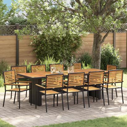 Set dining grădină  11 piese Negru Poliratan Acacia, Scaune grădină stivibile  cu perne 2 buc Negru Poliratan GartenMobel Dekor