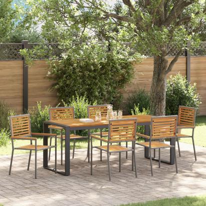 Set de dining pentru grădină  7 piese Gri Poliratan Acacia, Scaune stivuibile pentru grădină  cu perne 2 buc Gri Poliratan GartenMobel Dekor