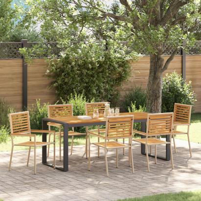 Set de Masă pentru Grădină  cu 7 Piese Bej din Ratan Poliester Acacia, Scaune Grădină Stivuibile cu Pernuțe - Set de 2 în Bej din Ratan Poliester GartenMobel Dekor