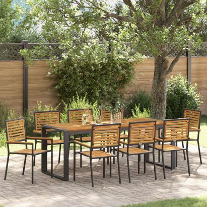 Set Masa Gradina  9 Piese Negru Poly Rattan Acacia, Scaune Gradina Stivuibile  cu Perne 2 buc Negru Poly Rattan GartenMobel Dekor