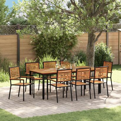 Set Dining 9 Piese Grădină Negru Poly Rattan Acacia,  Scaune Grădină Stivuibile cu Pernă 2 buc Negru Poly Rattan,  Masă Grădină 200x90x75 cm Lemn Solid Acacia și Metal GartenMobel Dekor