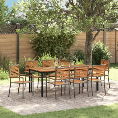 Set de dining pentru grădină  9 piese Gri Rattan Acacia, Scaune de grădină stivuibile  cu perne 2 buc Gri Rattan, Masă de grădină  200x90x75 cm Lemn Solid de Acacia și Metal GartenMobel Dekor