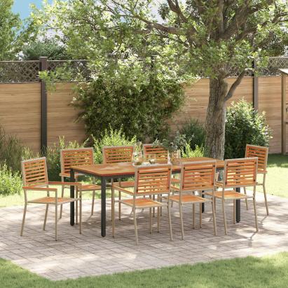 Set de mese pentru grădină  9 piese Poliratan bej Acacia, Scaune grădină  cu perne - Set de 2 în poliratan bej, Masă grădină  200x90x75 cm din lemn solid de Acacia și metal GartenMobel Dekor