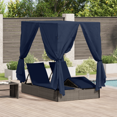 Șezlong dublu Set de 2 Gri și bleumarin Ratan Mare GartenMobel Dekor