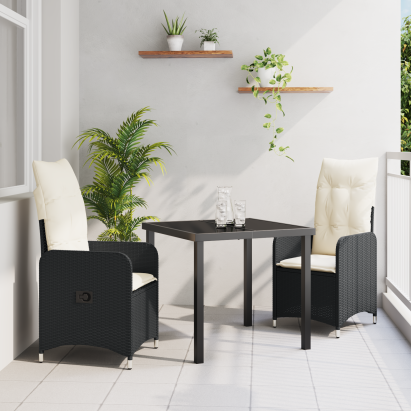 Set de Dining pentru Grădină de 3 Piese cu Perne Negre din Poliratan GartenMobel Dekor