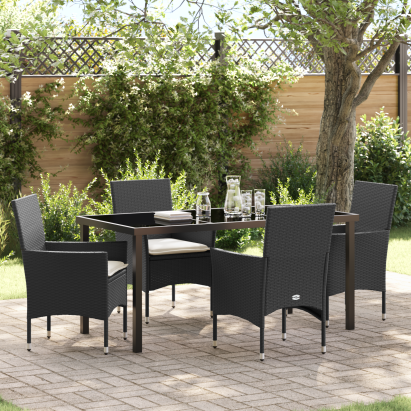 Set de dining pentru grădină din 5 piese cu perne din ratan negru, Masă de grădină  neagră 160x80x73 cm din sticlă tratată GartenMobel Dekor