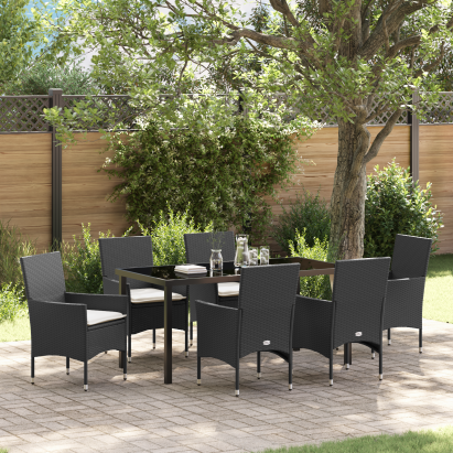 Set de dining grădină  7 piese cu perne Poliratan negru, Masă de grădină  Neagră 160x80x73 cm Sticlă securizată GartenMobel Dekor