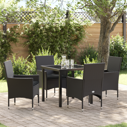 Set mese grădină  5 piese cu perne rattan sintetic negru, Masă grădină  neagră 80x80x73 cm cu sticlă securizată GartenMobel Dekor