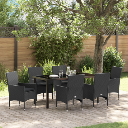 Set de Dining pentru Grădină  7 Piese cu Perne Poliratan Negru, Masa Grădinii  Neagră 160x80x73 cm Sticlă Temperată GartenMobel Dekor