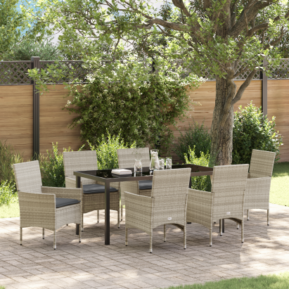 Set Masa Grădină  cu Pernuțe Gri Deschis din Ratan 7 Piese, Masa  Neagră 160x80x73 cm Sticlă Securizată GartenMobel Dekor