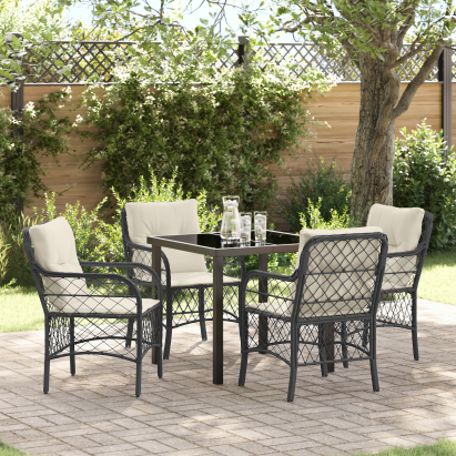 Set dining grădină cu 5 piese și perne, Negru, Rattan Poli GartenMobel Dekor